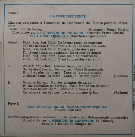 La Chanson De Fribourg, Musique De Landwehr Fribourg – сингъл Souvenir Du XVII° Congres UPU Lausanne 1974 - Img 2