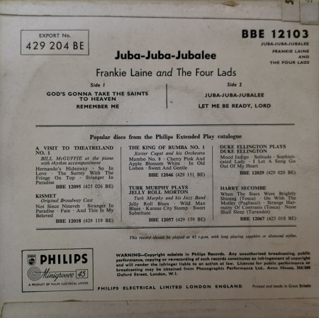 Frankie Laine And The Four Lads ‎– сингъл Juba-Juba-Jubalee - Img 2