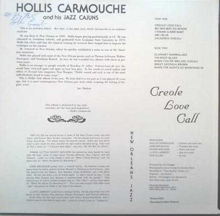 Hollis Carmouche And His Jazz Cajuns – албум Creole Love Call - Img 2