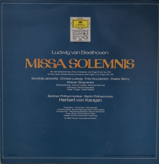 Ludwig van Beethoven — Gundula Janowitz, Christa Ludwig, Fritz Wunderlich, Walter Berry, Wiener Singverein, Berliner Philharmoniker, Herbert von Karajan – Missa Solemnis - Img 2