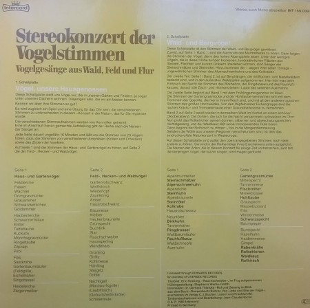 No Artist ‎– албум Stereokonzert Der Vogelstimmen - Vogelgesänge Aus Wald, Feld Und Flur - Img 2