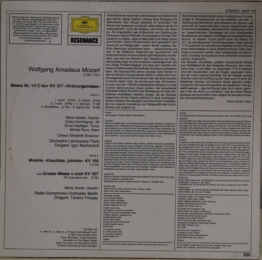 Wolfgang Amadeus Mozart, Igor Markevitch, Ferenc Fricsay, Maria Stader – Krönungsmesse - Exsultate, Jubilate - албум Et Incarnatus Est - Img 2