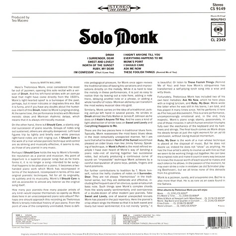 THELONIOUS MONK - SOLO MONK (1 x LP) - Img 2