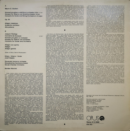 Jozef Zsapka, Mauro G. Giuliani, Joaquín Rodrigo, Slovak Chamber Orchestra, Bohdan Warchal ‎– албум Concerto In A Major Op. 30 / Concierto De Aranjuez - Img 3
