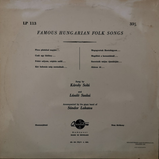 László Szalai / Károly Solti / Gipsy Band Of Sándor Lakatos – албум Famous Hungarian Songs - Img 2