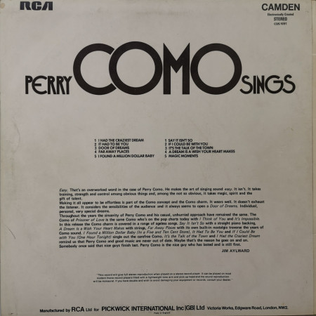 Perry Como – албум Perry Como Sings / In Romantic Mood - Img 2