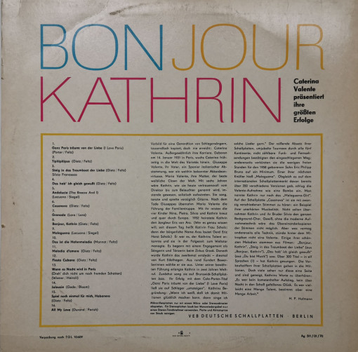 Caterina Valente – албум Bonjour, Kathrin (Caterina Valente Präsentiert Ihre Größten Erfolge) - Img 2
