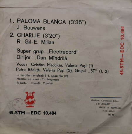 Super Grup „Electrecord“ Dirijor: Dan Mîndrilă – сингъл Paloma Blanca / Charlie - Img 2