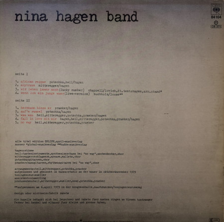 Nina Hagen Band – албум Unbehagen - Img 2