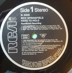 Rick Springfield – албум Hard To Hold - Soundtrack Recording - Img 3