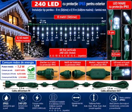 Instalație luminoasă LED tip turturi – alb + flash alb, fir vedre – 8M – OLD-371 B - Img 3