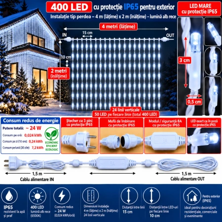 Instalație perdea LED 4 × 2 m – 400 LED – efect flash, fir alb, OLD-352-FLASH - Img 2