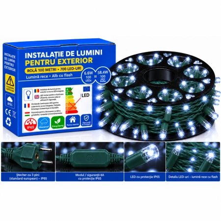 Instalație LED pe fir – 700 LED-uri – 100 m – cablu verde – cu efect flash – OLD-345 FLASH - Img 2