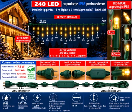 Instalație luminoasă LED tip turturi – alb cald + flash alb – fir verde, 8M – OLD-369 CLD - Img 2
