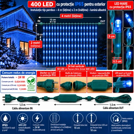 Instalație perdea LED 4 × 2 m – 400 LED – albastru/ FLASH, fir verde, OLD-349-B - Img 2