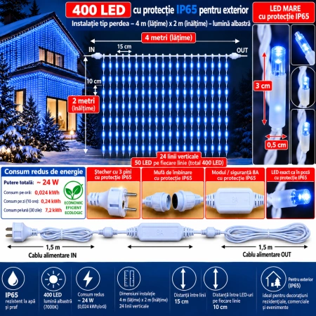 Instalație perdea LED 4 × 2 m – 400 LED – albastru/ flash, OLD-347-B - Img 2