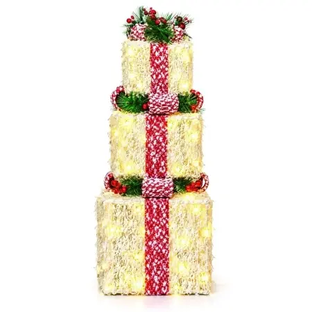 Decoratiune Craciun in forma de set cuti cadou, cu instalatie led, culoare alb cu rosu, 15-20-25 cm, DE-951 - Img 2