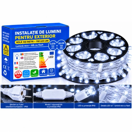 Instalație LED pe fir – 700 LED-uri – 100 m – cablu alb – cu efect flash – OLD-344 FLASH - Img 2