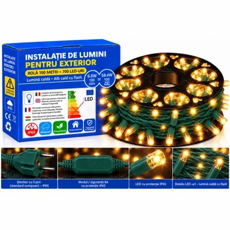 Instalație LED pe fir – 700 LED-uri – 100 m – cablu verde – alb cald cu flash alb – OLD-340 CLD - Img 2