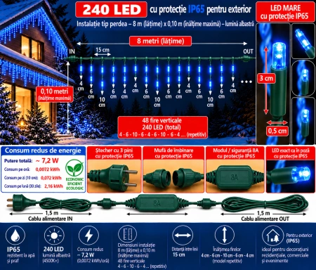 Instalație luminoasă LED tip turturi – albastru + flash alb , fir verde – 8M – OLD-370 B - Img 2