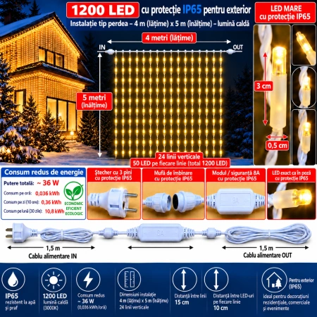 Instalație perdea LED 4 × 5 m – 1200 LED – efect flash, fir alb, OLD-366-FLASH - Img 2