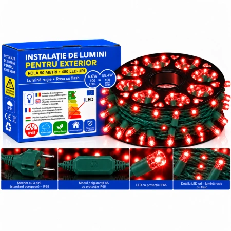 Instalație LED pe fir – 480 LED-uri – 50 m – cablu verde – roșie cu flash alb – OLD-336 R - Img 2