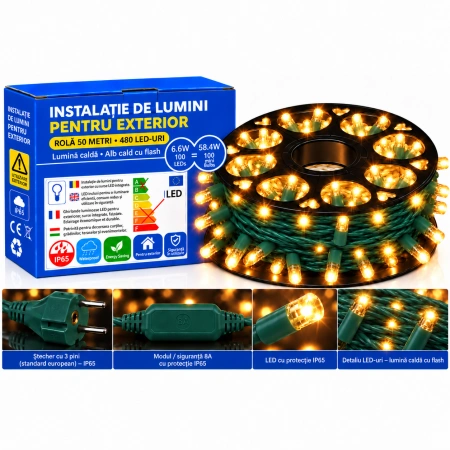 Instalație LED pe fir – 480 LED-uri – 50 m – cablu verde – alb cald cu flash alb – OLD-332 CLD - Img 2