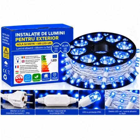 Instalație LED pe fir – 480 LED-uri – 50 m – cablu alb – albastră cu flash alb – OLD-334 B - Img 2