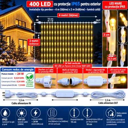 Instalație perdea LED 4 × 2 m – 400 LED – alb cald/ FLASH, fir alb, OLD-350-CLD - Img 2
