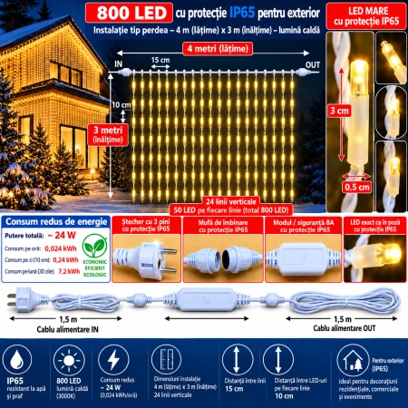 Instalație perdea LED 4 × 3 m – 800 LED – alb cald/ FLASH, fir alb, OLD-354-CLD - Img 2