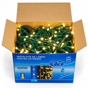 Instalație luminoasă LED tip turturi – alb cald + flash alb – fir verde, 8M – OLD-369 CLD