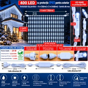 Instalație perdea LED 4 × 2 m – 400 LED – efect flash, fir alb, OLD-352-FLASH - Img 2