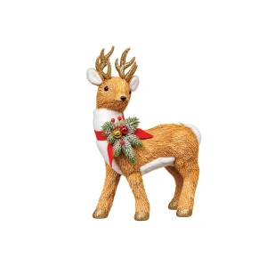 Ren decorativ de Crăciun, rustic, cu fundă roșie și accente aurii, dimensiuni: 21 × 14 × 35 cm – DE-121