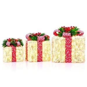 Decoratiune Craciun in forma de set cuti cadou, cu instalatie led, culoare alb cu rosu, 15-20-25 cm, DE-951