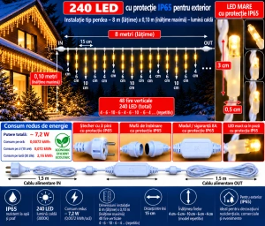 Instalație luminoasă LED tip turturi – alb cald + flash alb , fir alb – 8M – OLD-368 CLD - Img 2