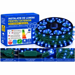 Instalație LED pe fir – 700 LED-uri – 100 m – cablu verde – albastră cu flash alb – OLD-342 B