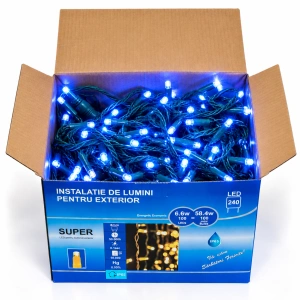 Instalație luminoasă LED tip turturi – albastru + flash alb , fir verde – 8M – OLD-370 B