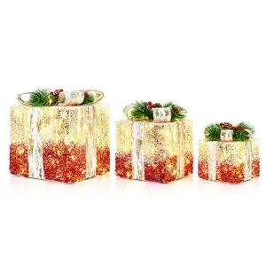 Decoratiune Craciun in forma de set cuti cadou, cu instalatie led, culoare : alb cu rosu, 15-20-25 cm, DE-954