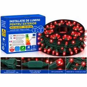 Instalație LED pe fir – 700 LED-uri – 100 m – cablu verde – roșie cu flash alb – OLD-343 R