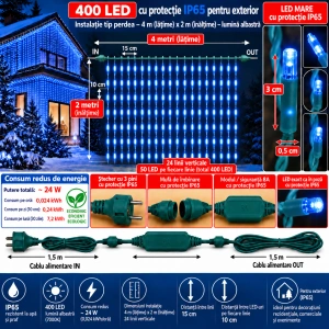 Instalație perdea LED 4 × 2 m – 400 LED – albastru/ FLASH, fir verde, OLD-349-B - Img 2