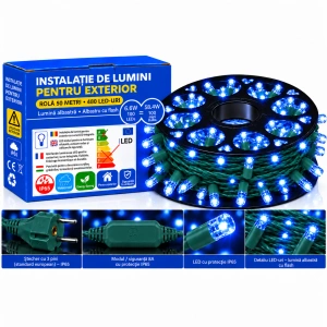 Instalație LED pe fir – 480 LED-uri – 50 m – cablu verde – albastră cu flash alb – OLD-335 B