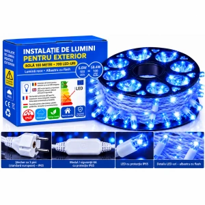 Instalație LED pe fir – 700 LED-uri – 100 m – cablu alb – albastră cu flash alb – OLD-341 B