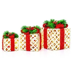 Decoratiune Craciun in forma de set cuti cadou, cu instalatie led, culoare alb cu rosu, 15-20-25 cm, DE-950