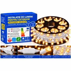 Instalație LED pe fir – 480 LED-uri – 50 m – cablu alb – alb cald cu flash alb – OLD-331 CLD - Img 2