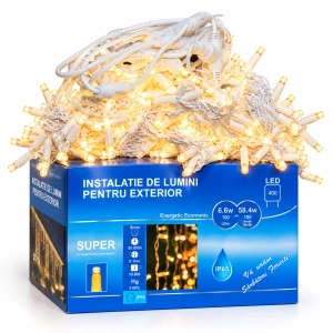 Instalație perdea LED 4 × 2 m – 400 LED – alb cald/ FLASH, fir alb, OLD-350-CLD