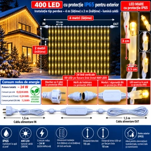 Instalație perdea LED 4 × 2 m – 400 LED – alb cald/ FLASH, fir verde- OLD-351-CLD - Img 2