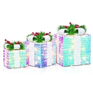 Decoratiune Craciun in forma de set cuti cadou, cu instalatie led, culoare alb disco, 15-20-25 cm, DE-948