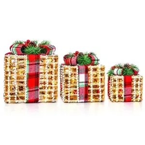 Decoratiune Craciun in forma de set cuti cadou, cu instalatie led, model natur, 15-20-25 cm, DE-953