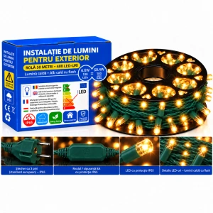 Instalație LED pe fir – 480 LED-uri – 50 m – cablu verde – alb cald cu flash alb – OLD-332 CLD - Img 2