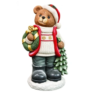 Ursuleț decorativ de Crăciun cu fular și cadou, din ceramica, Dimensiuni: 58*40*92 cm, Cod: OLD-416
